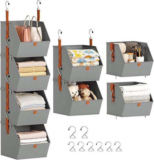 Hanging Closet Organizer 4 Tier - Clothes Hanging Shelves, Space-Saving Closet System, Fabric Storage Bins Bedroom Organization, Collapsible Baskets for Home, Dorm, Rv, Grey