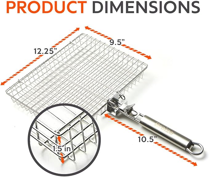 Stainless Steel Large Grill Basket with Easy Open/Close Lid and Removable Handle - 12.25 x 9.5 x 1.5 Inches - Includes Carry/Storage Bag