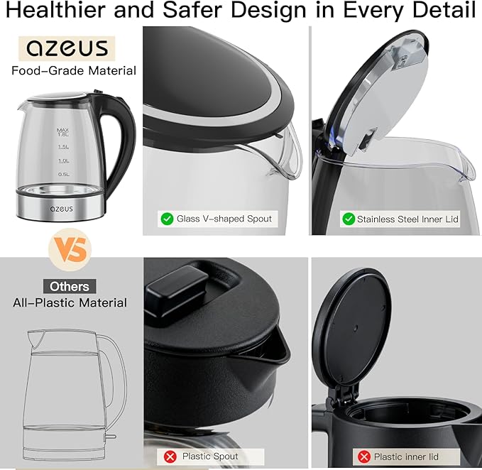 AZEUS Electric Kettle 1500W Cool Touch Tea Kettle Anti-scalding Design 1.8L Large Capacity Kettle BPA-Free, White