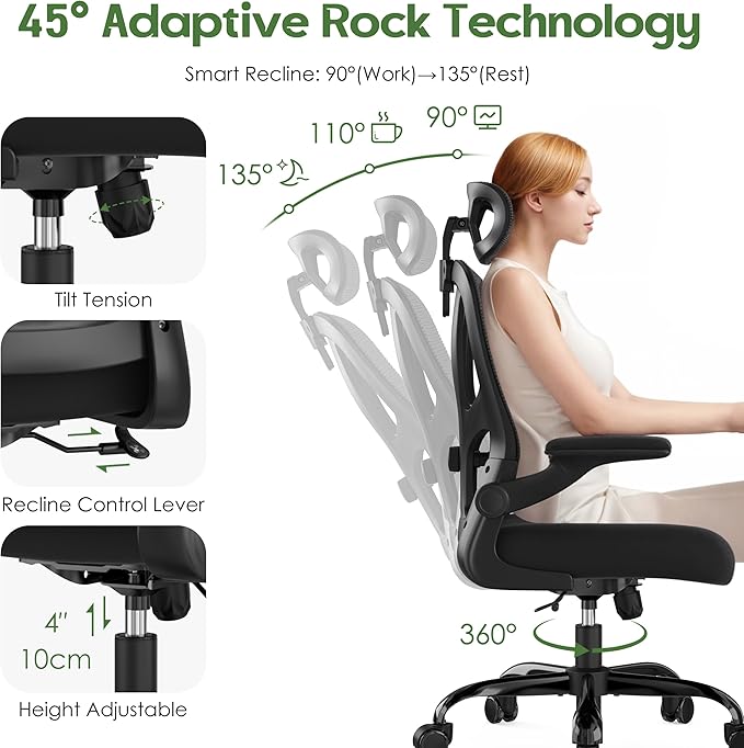 Office Chair Ergonomic Desk Chair - Mesh High Back Office Chair with Headrests Wheels Lumbar Support Home Desk Office Chairs Flip up Armrest Executive Rolling Swivel Task Computer Chair Black