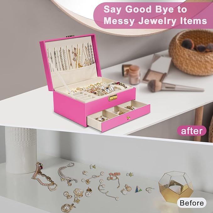 2-Layer Jewelry Box for women, jewelry organizers and storage with Removable Jewelry Tray, vintage quilted top Lockable Jewelry Holder Gift Idea Rose Red