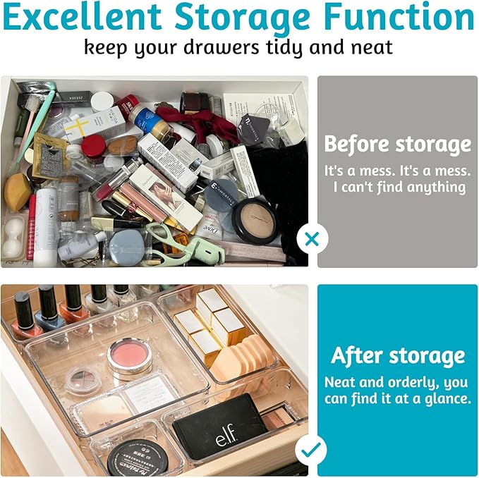 8 Pack Clear Drawer Organizer, 4 Sizes Organization and Storage Trays, Drawer Organizer Bins for Kitchen, Vanity, Bathroom, Office