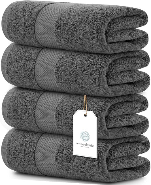 Luxury White Bath Towels Large - 100% Soft Cotton 700 GSM | Absorbent Hotel Bathroom Towel | 27 inch X 54 inch | Set of 4 | Gray