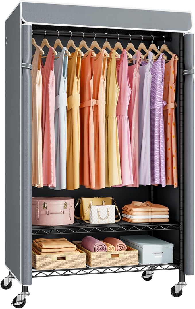P6C Rolling Clothes Rack with Cover, Covered Clothing Racks Heavy Duty, Portable Closet for Hanging Clothes, Garment Racks on Wheels, Black Closet Rack with Gray Cover, Max Load 365LBS