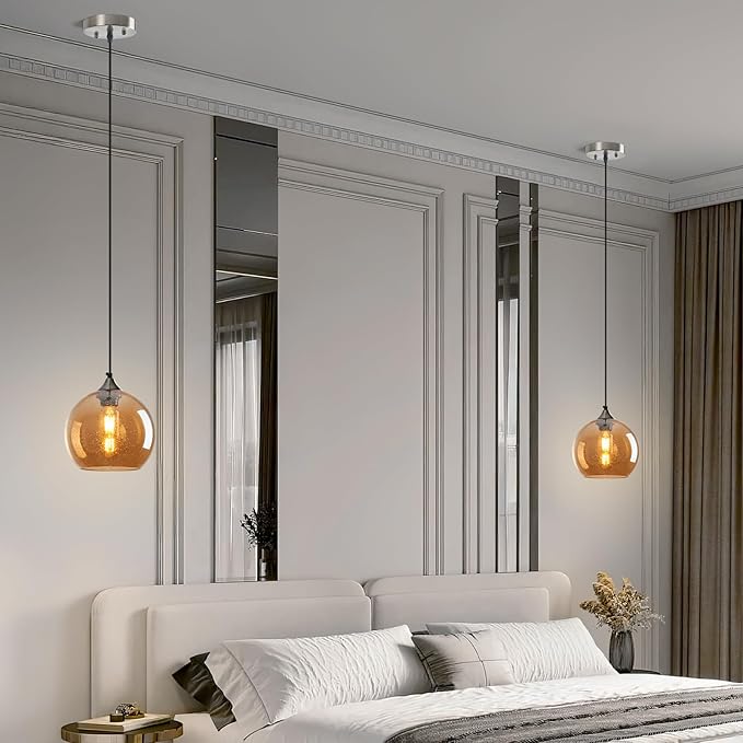 Amber Glass Pendant Lights Kitchen Island Lighting Globe Pendant Light Fixtures Modern Pendant Lighting for Bedroom Living Dining Room Light Fixture (7.87 in, 2 Pack)