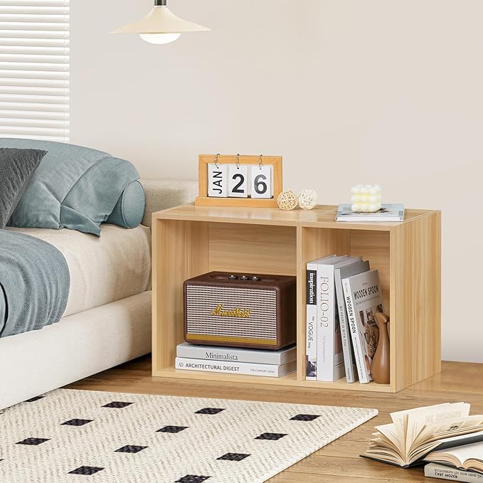 LEYAOYAO 2 Cube Bookshelf,Natural Record Player Stand Holds up to 100 Albums, Mini Wood Book Shelf Storage Organizer,Turntable Stand with Vinyl Storage Cabinet, Narrow Open Bookcase for Small Spaces