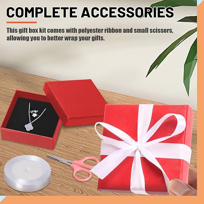 Tanstic 12Pcs Cardboard Jewelry Gift Boxes Kit, 3.5 x 3.5 x 1.2 Inch Red Gift Boxes Cardboard Jewelry Boxes with 74ft White Ribbon and Scissor for Rings, Necklaces, Earrings, Bracelets