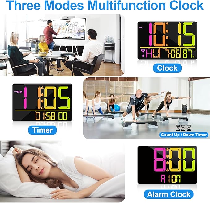 13" Bluetooth Auto Sync Wall Clock- Large Digital Alarm Clock with Remote, RGB Color Changing, 25 Ringtones, Adjustable Brightness, Auto DST, for Living Room, Kitchen, Office, Elderly