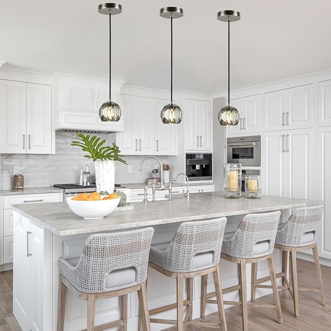 Modern Pendant Light, Small Brushed Nickel Crystal Pendant Light Fixture, Single Smoke Crystal Island Pendant Lighting for Kitchen Dining Room