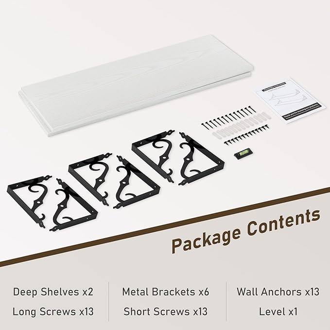 Deep Floating Shelves, 36" W x 12" D Wall Shelves Set of 2, Wide Display Shelf Wall Mounted with Brackets, Bookshelf for Living Room, Bathroom, Bedroom, White