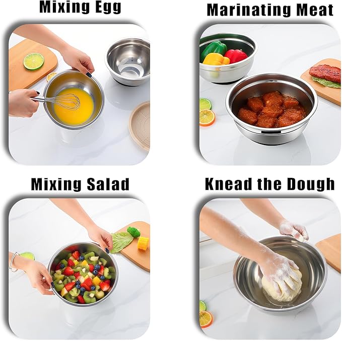 Lazycorner Mixing Bowls with Airtight Lids Set 5 Pcs Stainless Steel Bowls Set Baking Set Non-Slip Silicone Bottoms Great for Serving & Baking