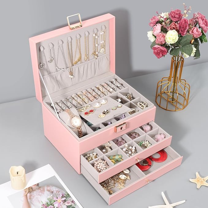 DesignSter Jewelry Box, Jewelry Organizer with 2 Drawers, 3 Layers Leather Jewelry Storage Box with Lock, Jewelry Storage Case for Necklaces Earrings Bracelets and Rings（Pink）