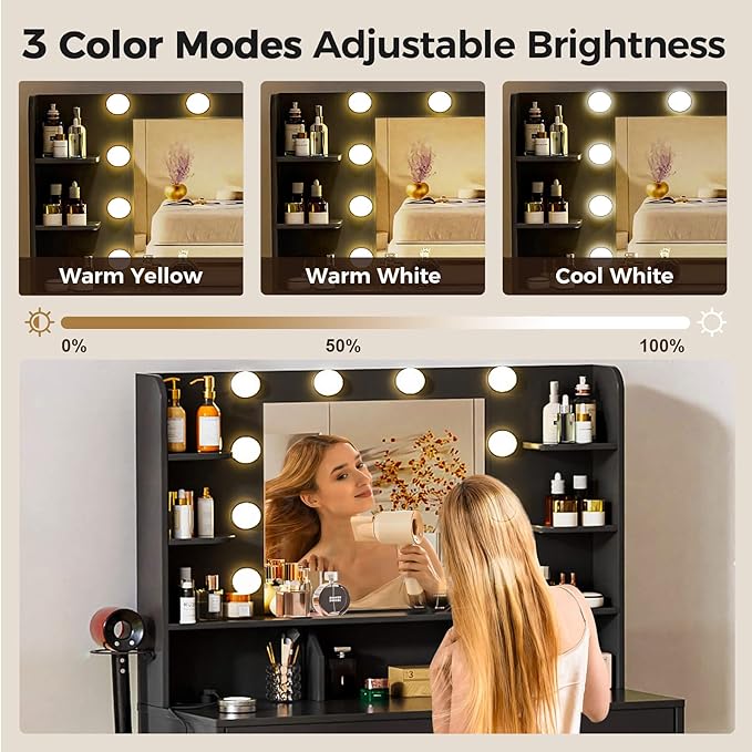 COMHOMA Vanity Desk with Lighted Mirror and Power Outlet, RGB LED Lights Makeup Vanity Set for Girls, Large Storage Capacity Dressing Table for Bedroom, 3 Lighting Modes Adjustable Brightness, Black