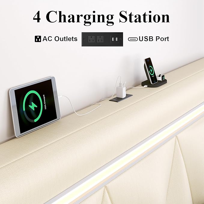 Full Size Bed Frame with LED Lights and Charging Station, Faux Leather Linen Fabric Adjustable Headboard,Modern Upholstered Bed, Sturdy Wood Slat Support, Easy Assemble, Beige