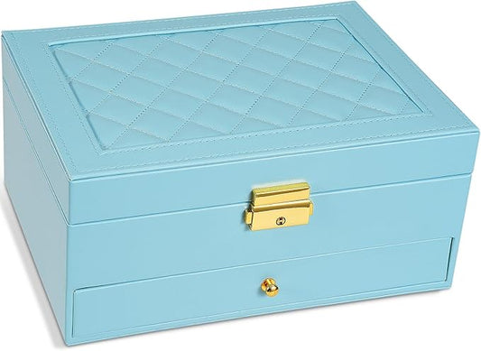 2-Layer Jewelry Box for Women, Jewelry Organizers and Storage with Removable Jewelry Tray, Vintage Quilted Top Lockable Jewelry Holder Gift Idea Sky Blue