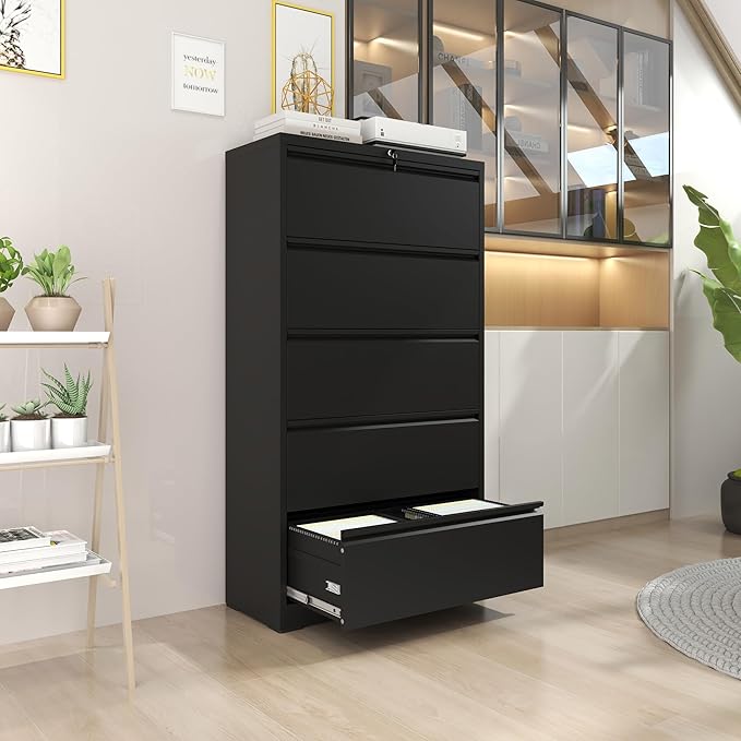 Lateral File Cabinet with Lock,5 Drawer Metal Filing Cabinets, Home Office Storage Cabinet for Hanging Files Letter/Legal/F4/A4 (Black)