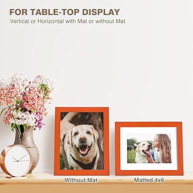 KINLINK 6x8 Picture Frame Orange, Solid Wood Frames with Acrylic Plexiglass for Pictures 4x6 with Mat or 6x8 without Mat, Tabletop and Wall Display Photo Frame, Set of 4