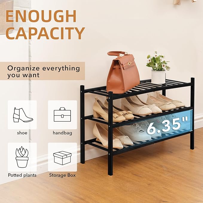 3 Tier Bamboo Shoe Rack Storage Organizer for Closet, Multifunctional Stackable Free Standing Shoe Shelf Organizer for Small Space,Entryway,Hallway,Bathroom 27"x11"x20" (Black, 3 Tier)