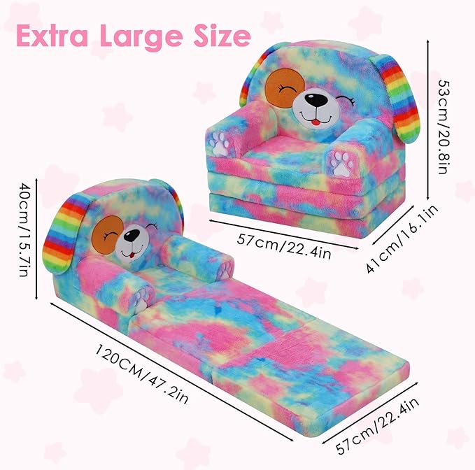 Kids Couch Comfy Foldable Kids Sofa to Lounger 2 in 1 Toddler Chair Plush Baby Sleeper Chair for Playing and Napping, Birthday Gifts for Boys and Girls