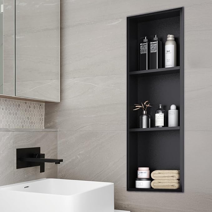 Stainless Steel Shower Niche 12" x 36", 3-Tier Shower Niches No Tile Needed, Recessed Niche for Shower Wall, Shower Niche Shelf for Bathroom Storage, Matte Black