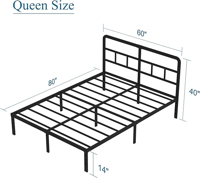 14 Inch Queen Bed Frame with Headboard No Box Spring Needed, Heavy Duty Metal Queen Size Platform with Steel Slat, Mattress Foundation, Easy Assembly, Noise Free, Black