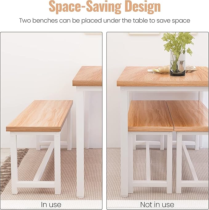 Dining Room Table Set with 2 Benches, Farmhouse Dining Table Set for 4, Wood Breakfast Dinner Table Set for Breakfast Nook Small Spaces, Beige