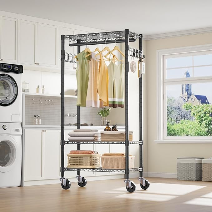 VIPEK R3 Medium Rolling Clothes Racks with Lockable Wheels, Heavy Duty Garment Rack with Adjustable Shelves & Hanging Rod & Side Hooks, Compact Space-Saving Storage for Small Apartments/Dorms (Black)
