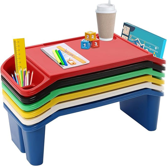 6 Pack Kids Lap Desk Tray with Storage Slots, Stackable Portable Lap Tray - Multicolor Kids Plastic Table, Activity Trays, Laptop Desk for Bed, Nursery, Reading, Doing Homework, 19.7x9.8x7.1''