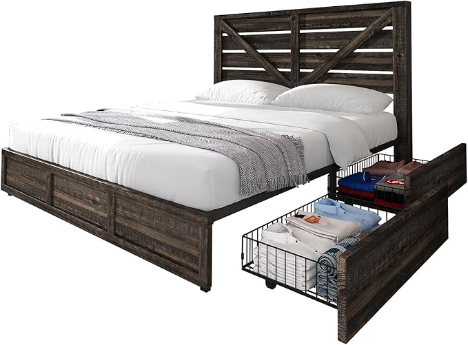 AMERLIFE Queen Size Farmhouse Bed Frame with 4 Drawers, Wooden Storage Bed Frame with Headboard and Heavy Duty Metal Slats, Noisy Free, Easy Assemble, Rustic Black