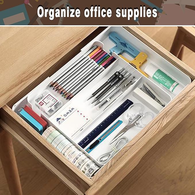 Expandable cutlery drawer organizer, silverware drawer organizer, freely adjustable large kitchen utensil tray with partitions, large adjustable plastic cutlery tray for knives, forks, spoons, white