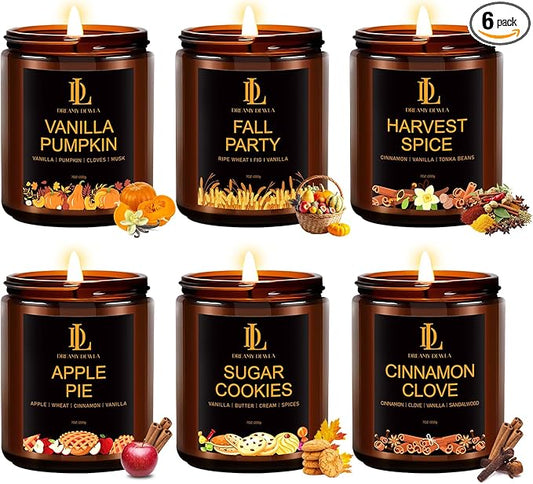 Fall Candle Set, Fall Scented Candles for Home, 6 Pack Soy Candle Set, Autumn Gifts for Women Men, Autumn Scents of Vanilla Pumpkin/Cinnamon Clove/Apple Pie/Harvest Spice/Sugar Cookies/Fall Party