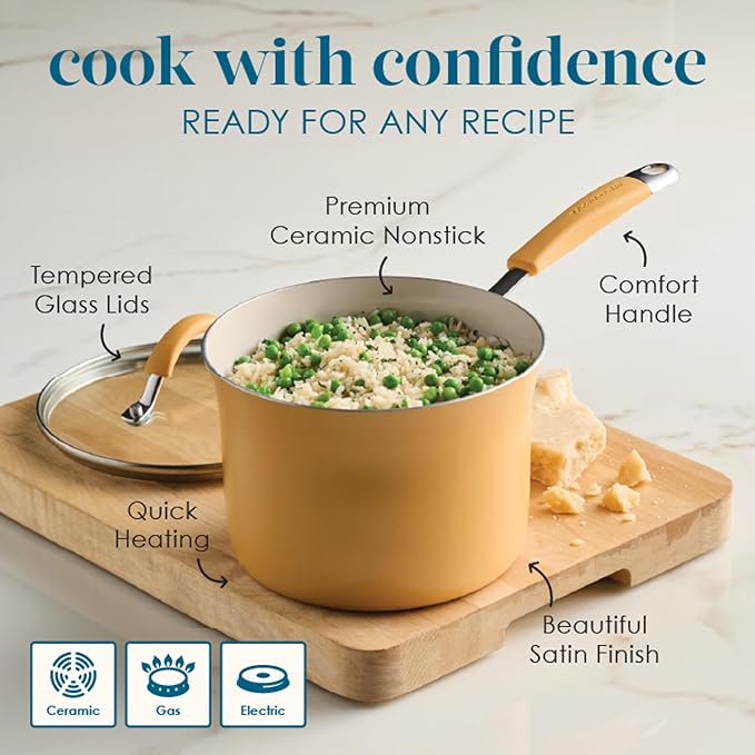 Rachael Ray Cucina Ceramic Cookware Set - 13 Pieces - Ceramic Pots and Pans Set w/Nonstick Frying Pans, Saute Pan, Saucepans, Stockpot, Lids, Pan Protectors & Cooking Utensils - Turmeric