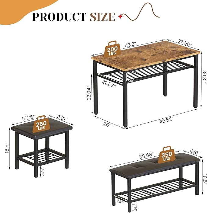 Lamerge Kitchen Tables Set for 4, Rectangular Dining Room Table Set with Bench and Stools, 4 Pieces Dining Room Table Set with Storage Rack for Small Space, Breakfast Nook and Apartment, Rustic Brown