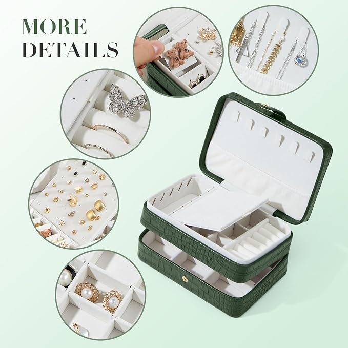 PU Leather Travel Jewelry Organizer Case for Women & Girls, 2-Layer Portable Jewelry Box for Earrings, Rings, Necklaces, Bracelets, Compact Jewelry Storage (Green)