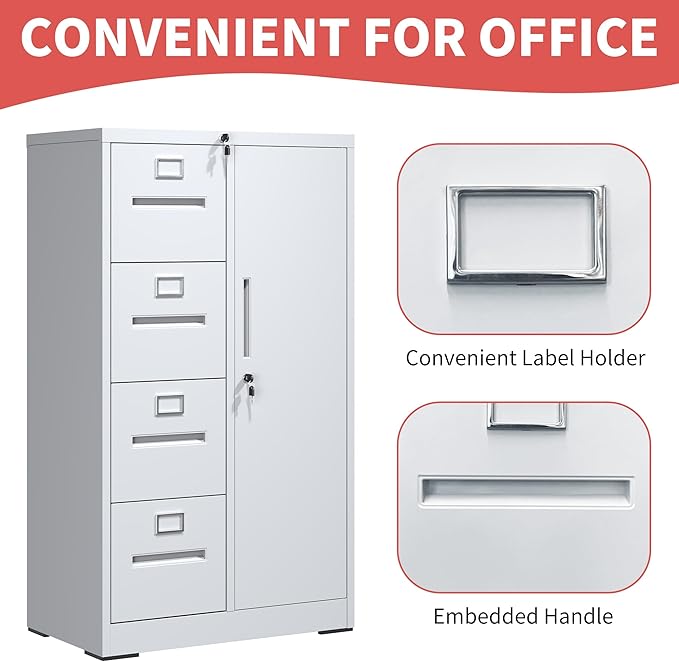 Locking File Cabinet with 4 Drawers and 1 Door,White Metal Storage Locker Cabinets for Employees,Home Office Filing Cabinets for Legal/Letter Size Files, Assembly Required
