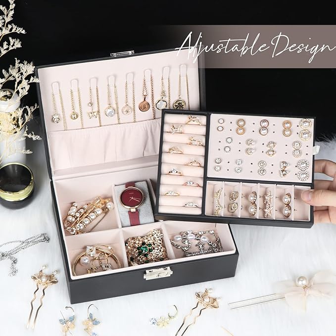 Jewelry Box for Women Girls, 2 Layers Jewelry Organizer Container with Lock, PU Leather Storage Case with Removable Tray, Jewelry Display Box for Necklaces Earrings Bracelets Rings Watches - Black