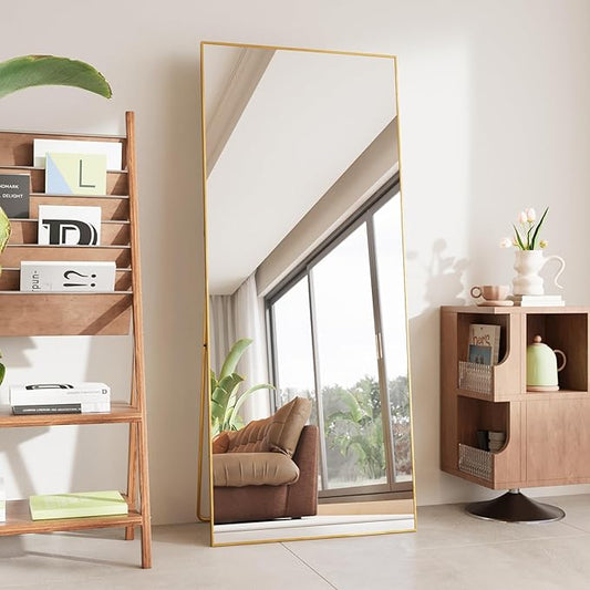 FANYUSHOW Full Length Mirror, Standing Hanging or Leaning Body Mirror, Simple Rectangle Design, Aluminum Alloy Thin Frame, Floor Mirror for Bedrooms, Bathrooms, Living Room 63"x18" (Gold)