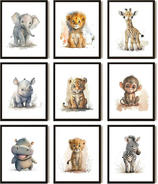 Funny Bathroom Animal Canvas Wall Art Set of 9, Baby Nursery Posters Wall Decor Painting,Tiger Lion Elephant Giraffe Monkey Posters Prints for Bathroom Bedroom Babyroom 8x10In Unframed