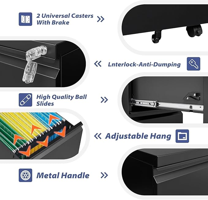 2 Drawer File Cabinet with Lock，Locking Filing Cabinet Under Desk,Rolling File Cabinets for Home Office/Legal/Letter Size,Fully Assembled (Black)