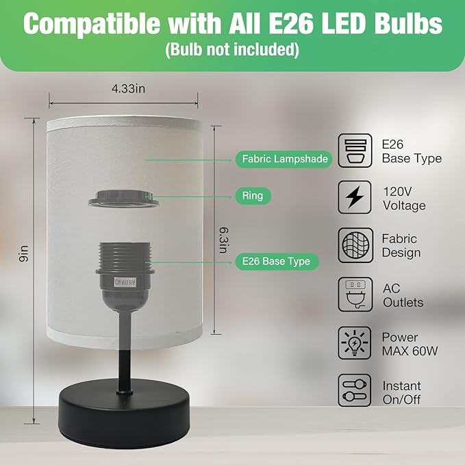 Small Lamp for Bedroom, Bedside Lamps for Night Stands, Mini Minimalist Table Lamp with Round Gray Fabric Shade, 9 Inch Desk Reading Lamp for Dorm Room Living Room Office Room, 2 Pack