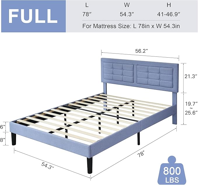 VECELO Full Size Bed Frame with Adjustable Headboard, Upholstered Button Tufted Platform Bedframe with Wood Slats Support, No Box Spring Needed, Light Blue