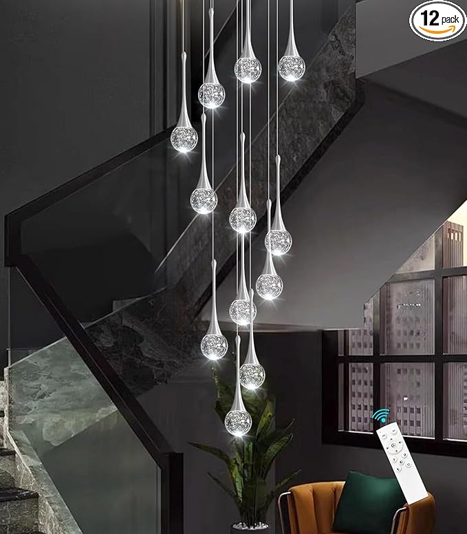 118 inches Modern Glam Crystal Chandelier for High Ceiling LED Dimmable Ceiling Pendant Light Staircase Foyer Enterway Living Room Chandelier Lighting Brushed Nickel 12 Lights