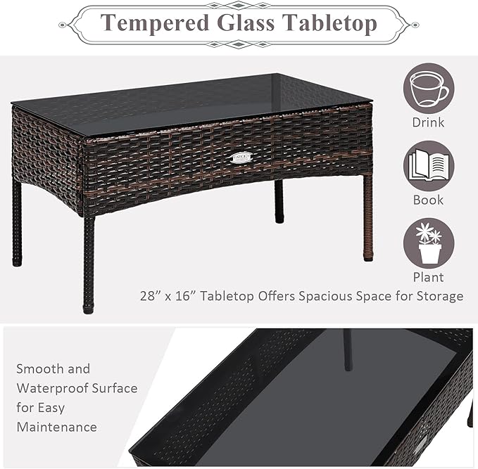 Tangkula 3 Pieces Patio Conversation Set, All Weather Outdoor PE Rattan Wicker Furniture Set with Padded Cushions, Tempered Glass Coffee Table, for Poolside, Backyard, Garden (Gray)