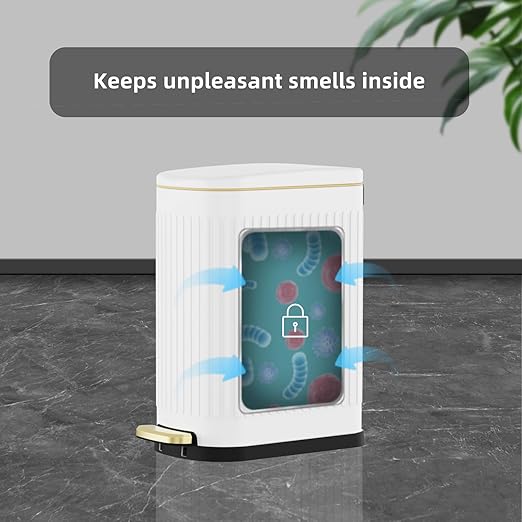 2.6 Gallon Slim Bathroom Trash Can with Soft Close Lid, 10L Stainless Steel Garbage Can with Removable Liner Bucket, for Narrow Spaces, Bathroom, Bedroom (White)