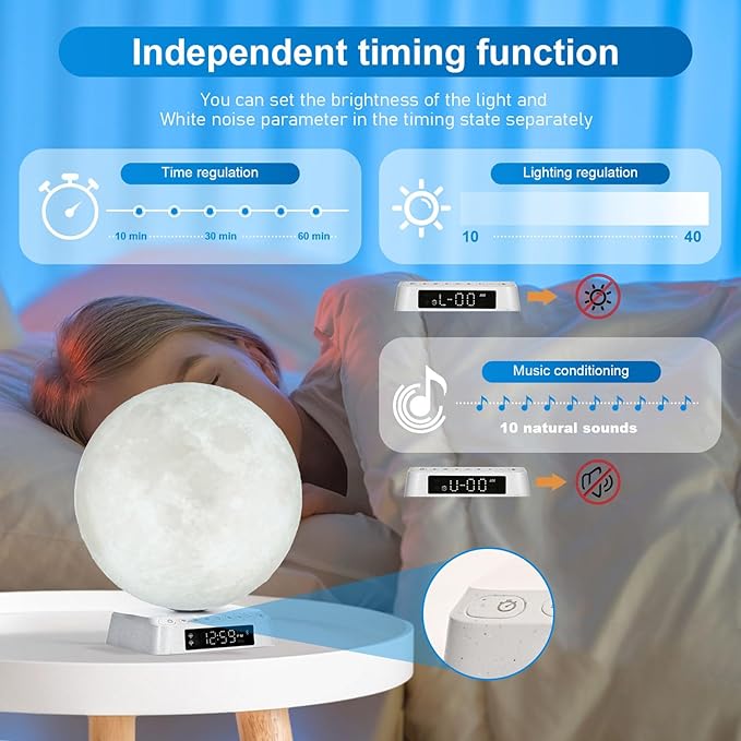 Moon Clock Light Alarm Clock Wake up Lamp Cute Aesthetic Alarm Clock Nightstand lamp UV-Free LED Sunrise lamp for bedrooms Built-in White Noise APP Control Bioclock Adjustment