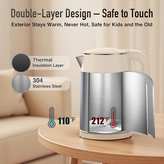 Mecity Electric Kettle 1.7L Touch Screen Temperature Control Water Boiler, No Plastic Contact with Water. 6 Presets For Tea and Coffee, 2 Hours Keep Warm, Cream & Stainless Steel Color