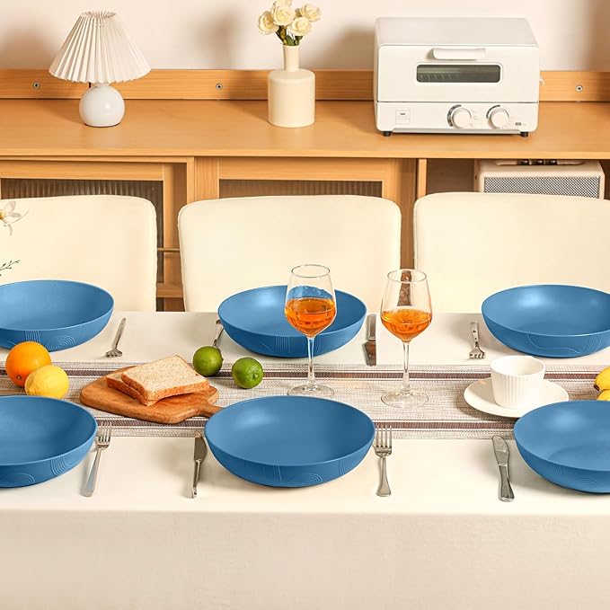 Homienly Large Wheat Straw Salad Bowls - Set of 6, 65 OZ, 10 Inch, Microwave & Dishwasher Safe - Navy Blue