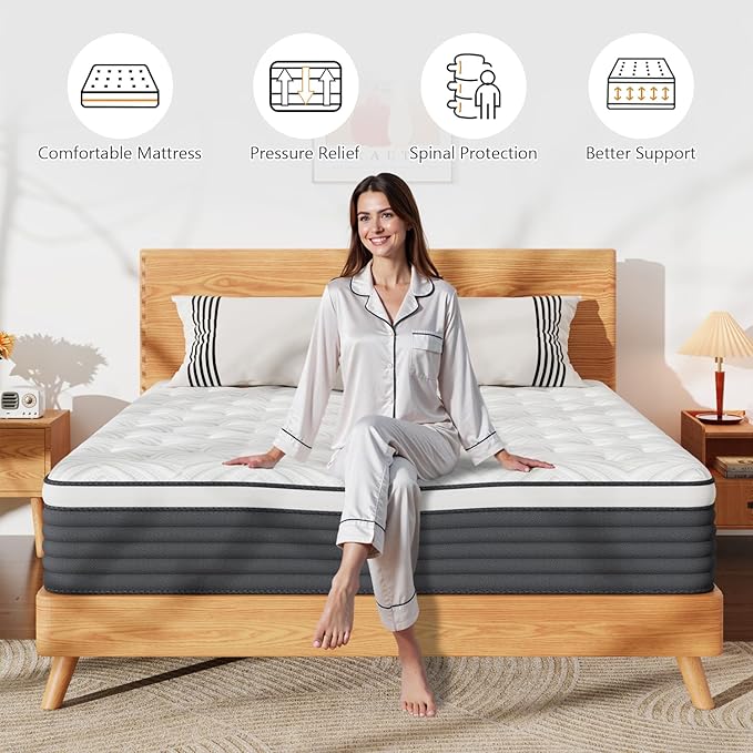 King Size Mattress,14 Inch Hybrid Mattress in a Box with Gel Memory Foam and Pocket Spring for Pressure Relief & Zoned Support, Soft and Comfort Sleep, Medium Firm King Matress, CertiPUR-US