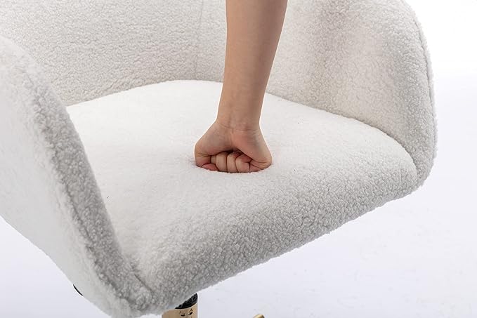 Goujxcy Fluffy Desk Chair, Faux Fur White Vanity Chair Swivel Office Chair for Girls Women, Height Adjustable Cute Teddy Furry Makeup Chairs for Bedroom Home Office