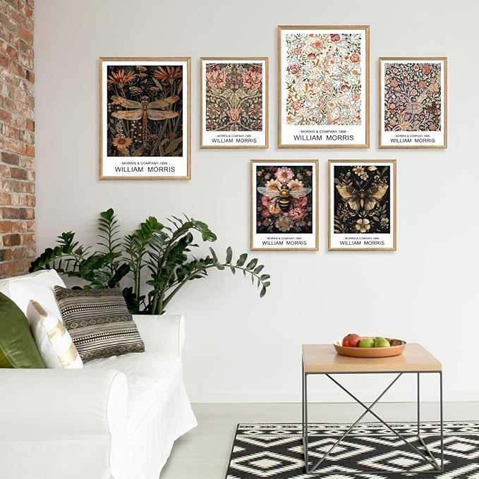 Cyebmo William Morris Wall Art, Vintage Floral Wall Decor, Dark Botanical Art Prints, Butterfly Bee Dragonfly Nature Artwork for Living Room Bedroom Bathroom Wood Framed Ready to Hang 12"x16"x3
